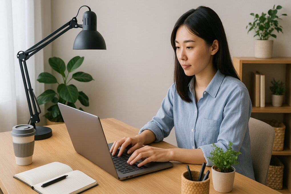 明るい自然光が差し込む部屋で、日本人女性が木製デスクに向かってノートパソコンで作業している。デスクには観葉植物やノート、ペン、コーヒーカップが整然と並び、清潔感と集中できる雰囲気が漂っている。