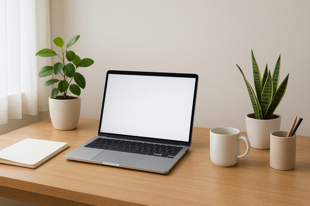 自然光が差し込む明るい部屋で、木製デスクの上にノートパソコン、ノート、白いマグカップ、観葉植物、ペン立てが整然と並んでいる。清潔感があり、集中しやすいデスク環境が整っている。