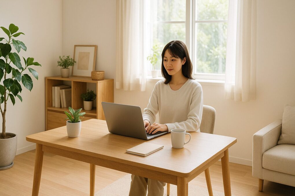 自然光が差し込む明るい部屋で、日本人女性が木製デスクに向かってノートパソコンで作業している。デスクは窓際に配置され、観葉植物やシンプルな家具が整い、全体がナチュラルで清潔感のあるインテリアにまとまっている。