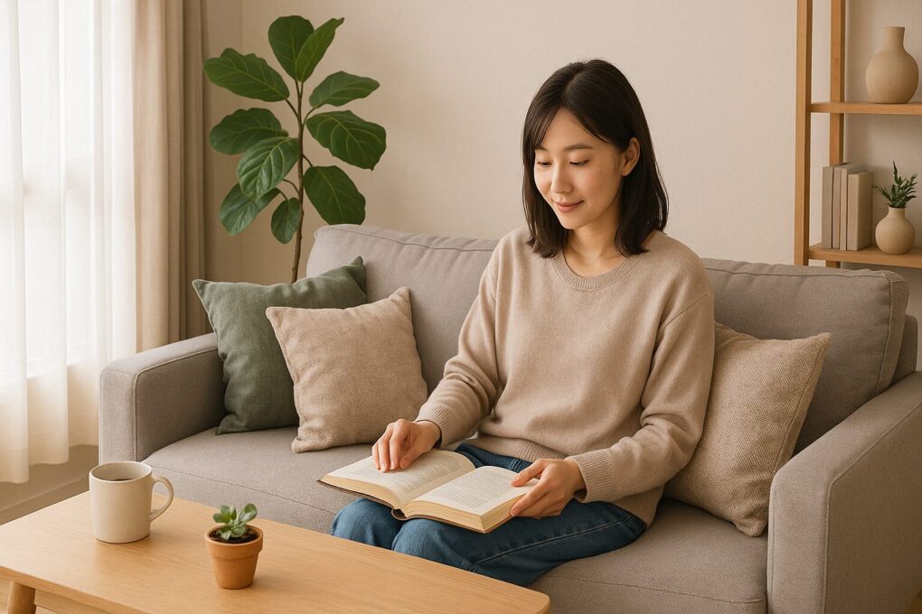 自然光が差し込む明るいリビングで、日本人女性がグレーのソファに座り本を読んでいる。観葉植物やクッション、木製テーブル、陶器のマグカップなどが配置され、温かみと清潔感のある居心地のよい空間が広がっている。