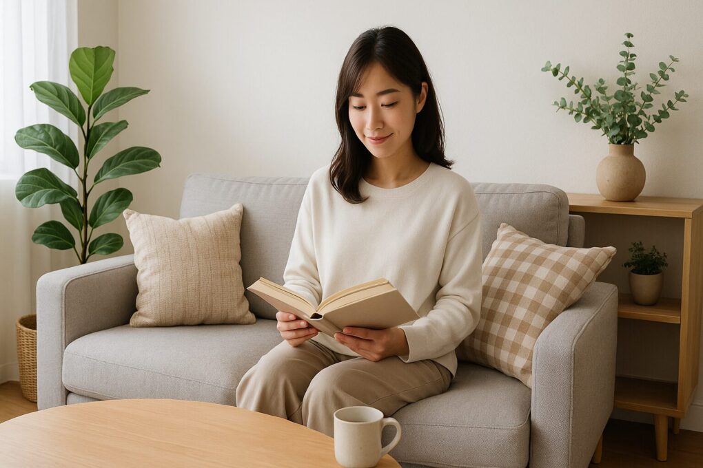 自然光が差し込む明るいリビングで、日本人女性がグレーのソファに座り本を読んでいる。観葉植物やナチュラルな木製家具、ベージュ系のクッションが配置され、温かみと清潔感のある落ち着いた空間が広がっている。