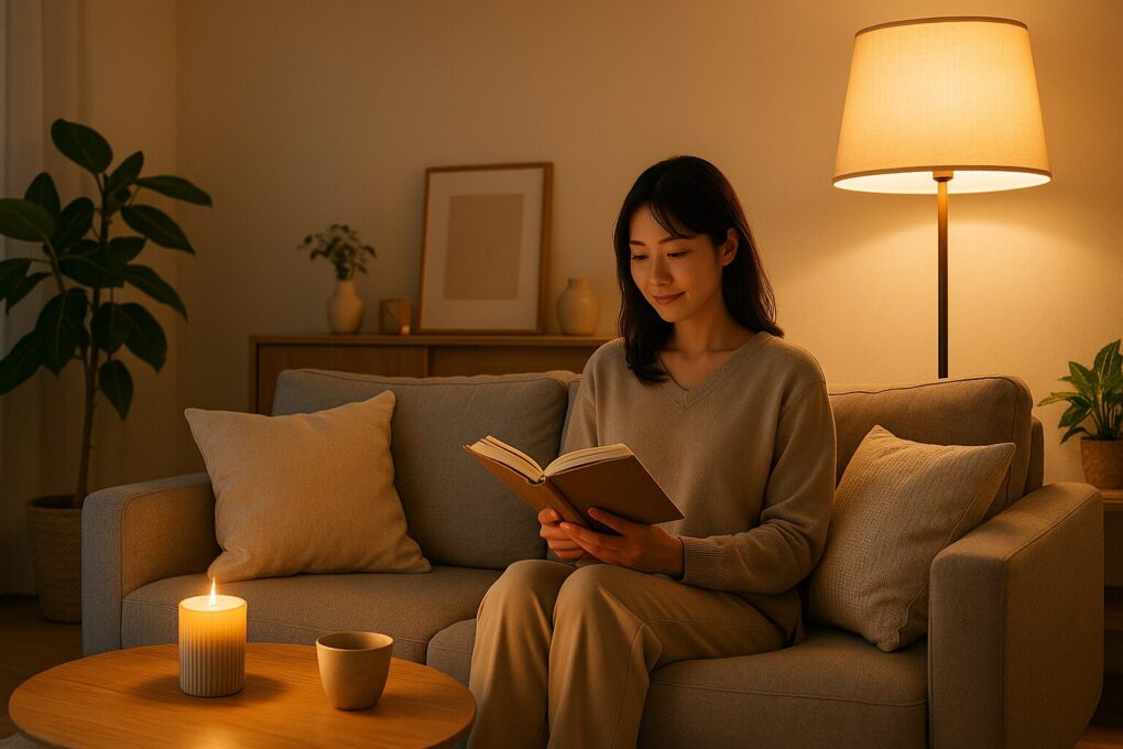 間接照明とフロアランプの柔らかな光に包まれた日本のリビングで、女性がソファに座り本を読んでいる。木製テーブルや観葉植物が配置され、温かみと清潔感のある落ち着いた雰囲気が広がっている。