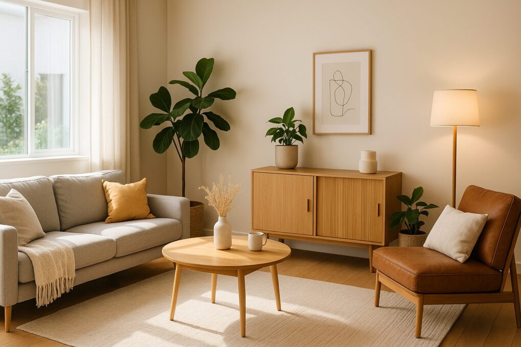 明るい自然光が差し込むおしゃれな日本のリビング。グレーのソファと木製家具、観葉植物、間接照明が調和し、ナチュラルで清潔感のある落ち着いた空間が広がっている。