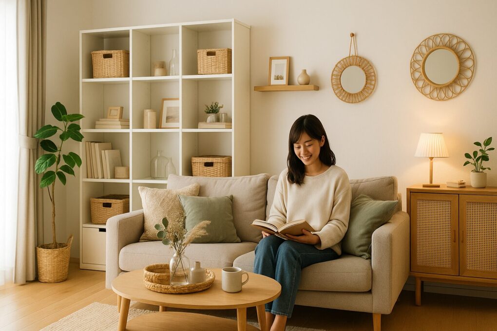 明るい自然光が差し込む日本のコンパクトなリビング。木製家具とホワイト・グレーのインテリアが調和し、観葉植物やラタンの収納ボックスが配置された海外風の洗練空間で、女性がソファに座り本を読んでいる。