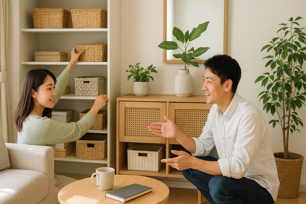 明るい日本のリビングで、棚に収納ボックスを整理する日本人の女性と、それを楽しそうに見守る男性。木製家具と観葉植物が配置され、ナチュラルで清潔感のある収納アイデアが活かされた空間。