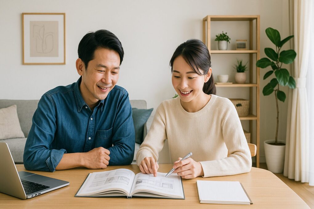 明るい日本のリビングで、インテリアデザインの資料を見ながら相談する日本人の男女。木製家具と観葉植物が配置されたナチュラルで清潔感のある空間で、穏やかに会話を楽しんでいる。