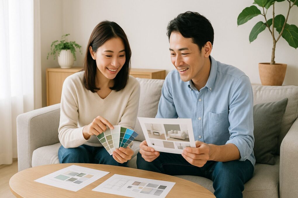 明るい日本のリビングで、色見本とデザイン資料を見ながら相談する日本人の男女。木製テーブルと観葉植物が配置されたナチュラルで清潔感のある空間で、暮らしに合うデザインを検討している様子。