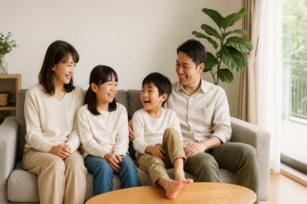明るい日本のリビングで、家族4人がソファに座って笑顔で談笑している。自然光が差し込み、木製家具と観葉植物が調和した清潔感のある空間で、家族がリラックスして過ごしている様子。