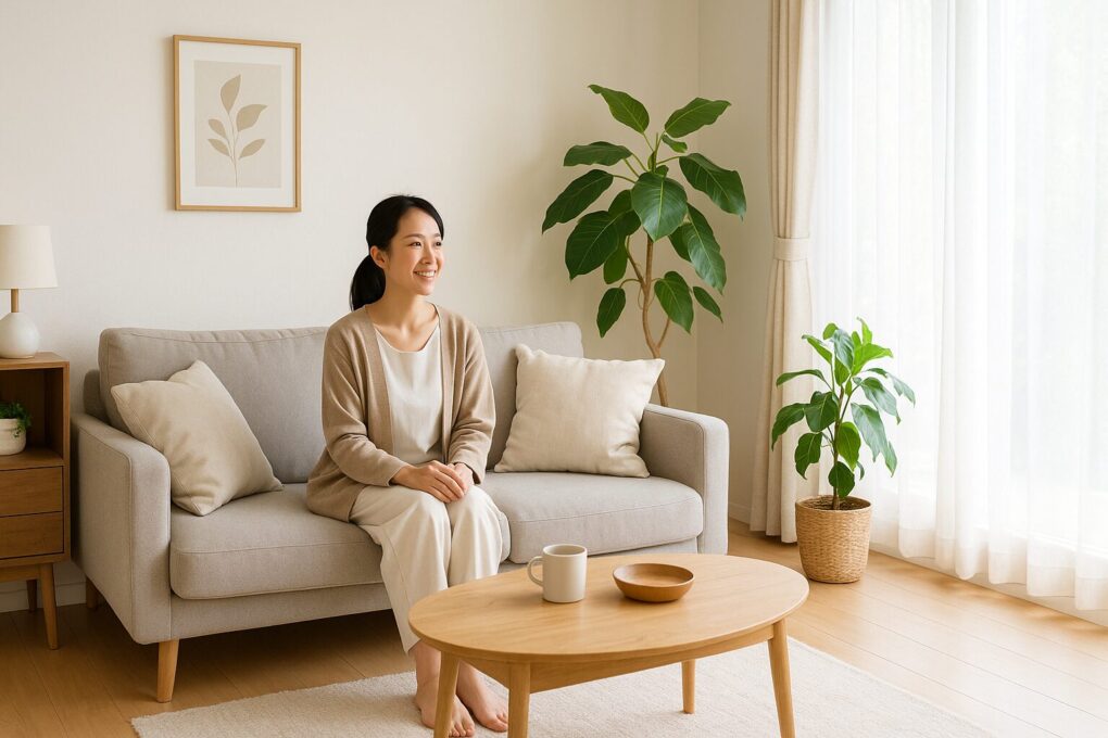 明るい日本のリビングで、女性がソファに座って穏やかにくつろいでいる。木製テーブルと観葉植物が配置されたナチュラルで清潔感のある空間で、心地よい雰囲気が広がっている。