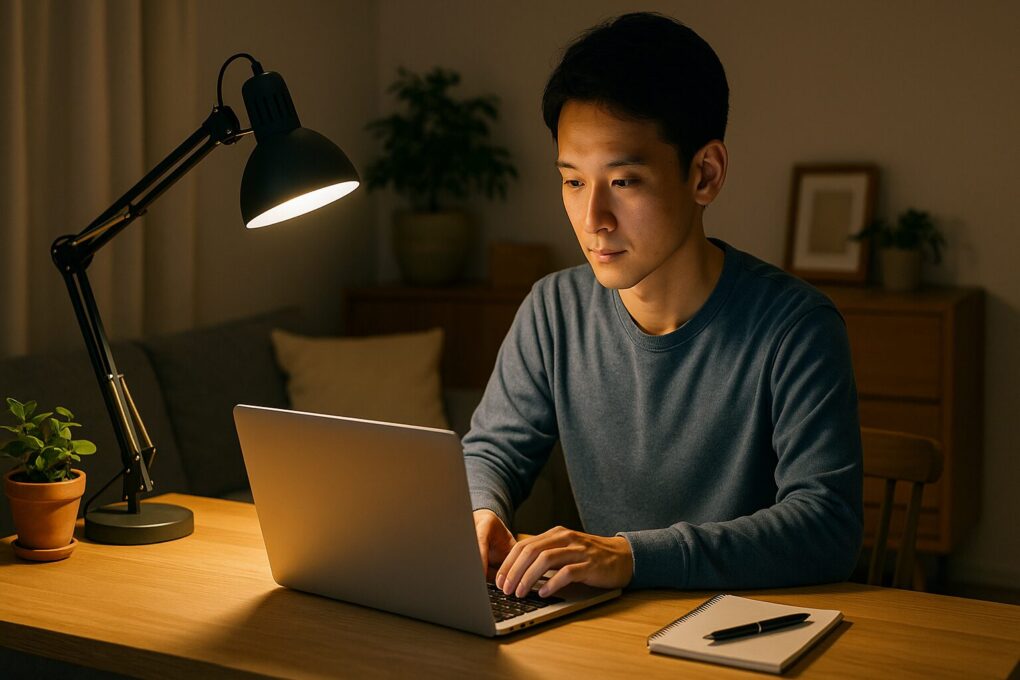 温かい照明の下でデスクに向かい、ノートパソコンで集中して作業する日本人の男性。木製デスクに観葉植物とノートが置かれた、清潔感と落ち着きのあるワークスペース。