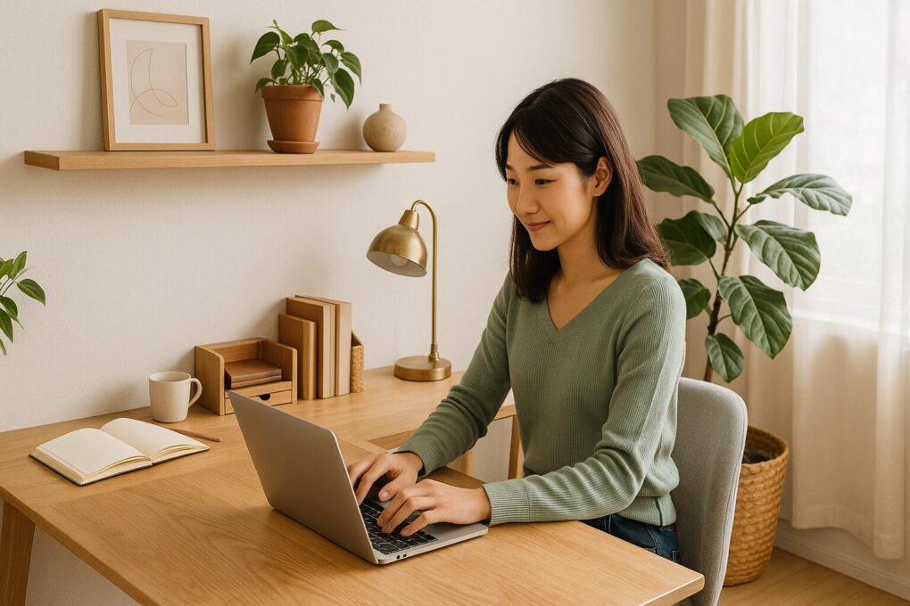 明るい日本のリビング兼ワークスペースで、木製デスクに座ってノートパソコンを操作する日本人の女性。観葉植物や照明が配置された清潔感のあるナチュラルな空間で、快適に作業している様子。
