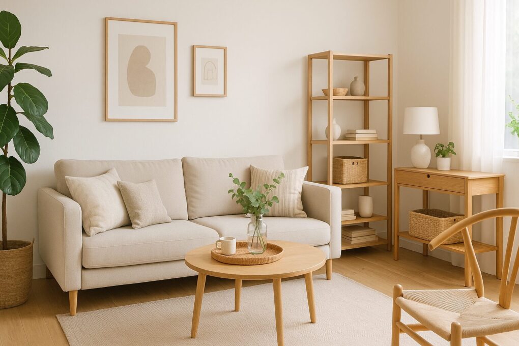 明るい自然光が差し込む日本のリビング。ベージュのソファと木製家具が調和し、観葉植物やアートフレームが飾られた清潔感のあるナチュラルな空間。
