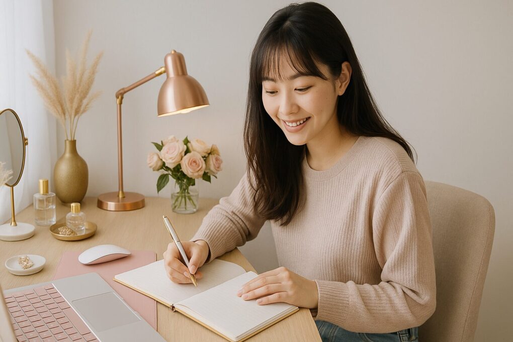 明るく清潔感のあるデスクで、日本人の女性が笑顔でノートに書き込みをしている。木製デスクにノートパソコンやゴールドの照明、花が飾られたおしゃれで上品な空間。