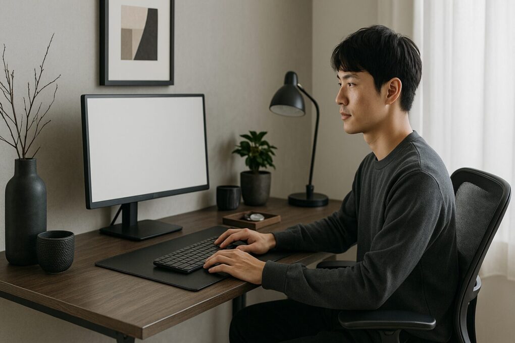 モノトーンを基調とした洗練された日本人男性のデスク周り。黒とグレーの家具が調和し、木製デスクの上に観葉植物やデスクライトが配置された落ち着いた大人のワークスペース。