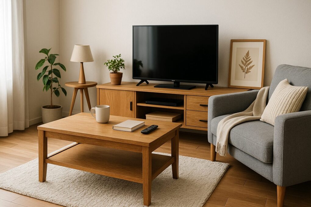 木製家具と観葉植物が調和した明るいリビングルーム。自然光が差し込み、ソファやコーヒーテーブル、テレビ台が整然と配置された清潔感のある空間。