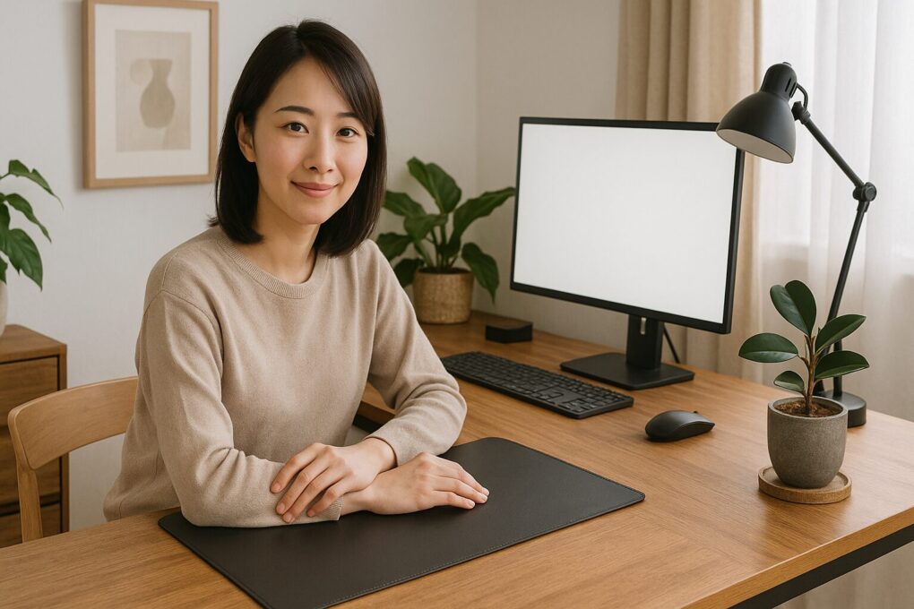 自然光が差し込む木製デスクで、日本人女性が落ち着いた笑顔を見せている。観葉植物やデスクライトが配置された清潔感のある理想的なワークスペース。