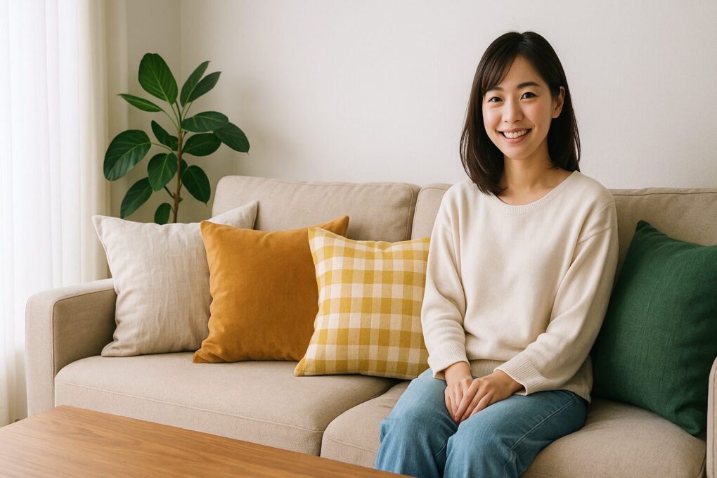 明るい自然光が差し込むリビングルーム。ベージュのソファに日本人女性が自然に座り、マスタード、グリーン、チェック柄など異なる色と素材のクッションが並んでいる。木製テーブルと観葉植物が配置された、ナチュラルで清潔感のある空間。
