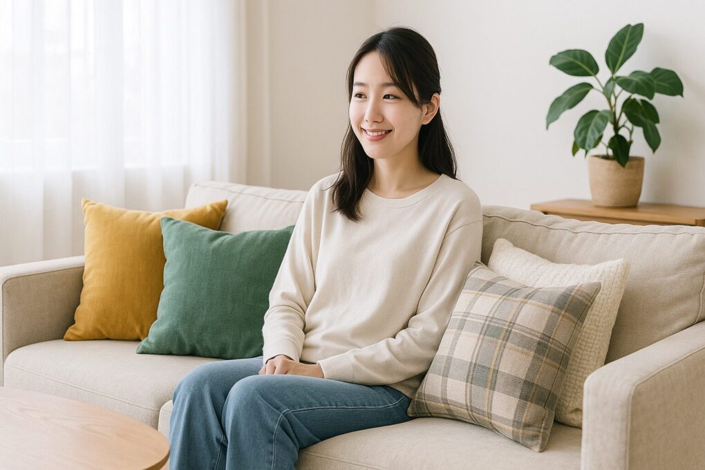 自然光が差し込む明るいリビングルーム。ベージュのソファに日本人女性が穏やかに座り、マスタード、グリーン、チェック柄など色や素材の異なるクッションカバーが並ぶ。木製テーブルと観葉植物が配置され、清潔感と温かみのある空間が広がっている。