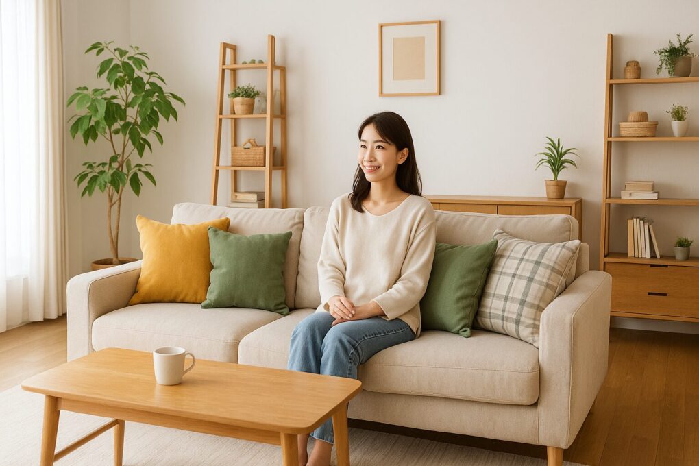 自然光が差し込む明るいリビングルーム。ベージュのソファに日本人女性が穏やかに座り、グリーンやマスタード色のクッションが並ぶ。木製の家具と観葉植物が配置され、ナチュラルで整ったインテリアが広がっている。