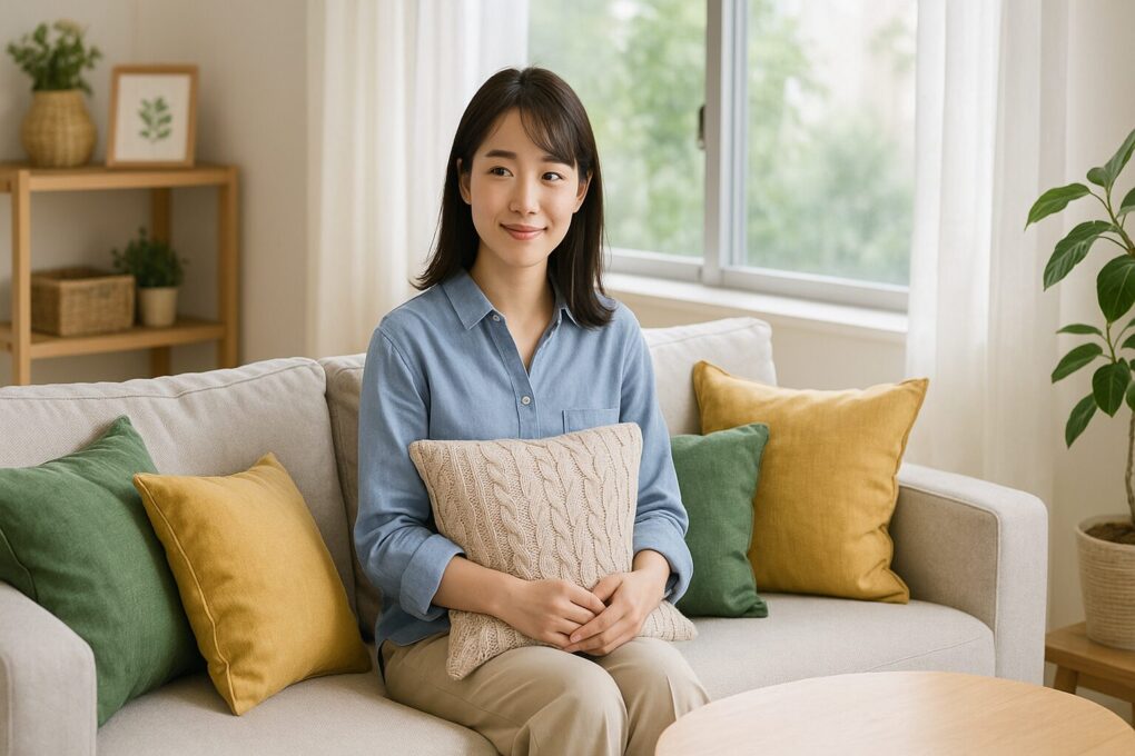 自然光が差し込む明るいリビング。ベージュのソファに日本人女性が座り、ニットやリネンなど異なる素材のクッションカバーを抱えている。グリーンやマスタードカラーのクッションが並び、観葉植物と木製家具が調和したナチュラルで温かみのある空間。