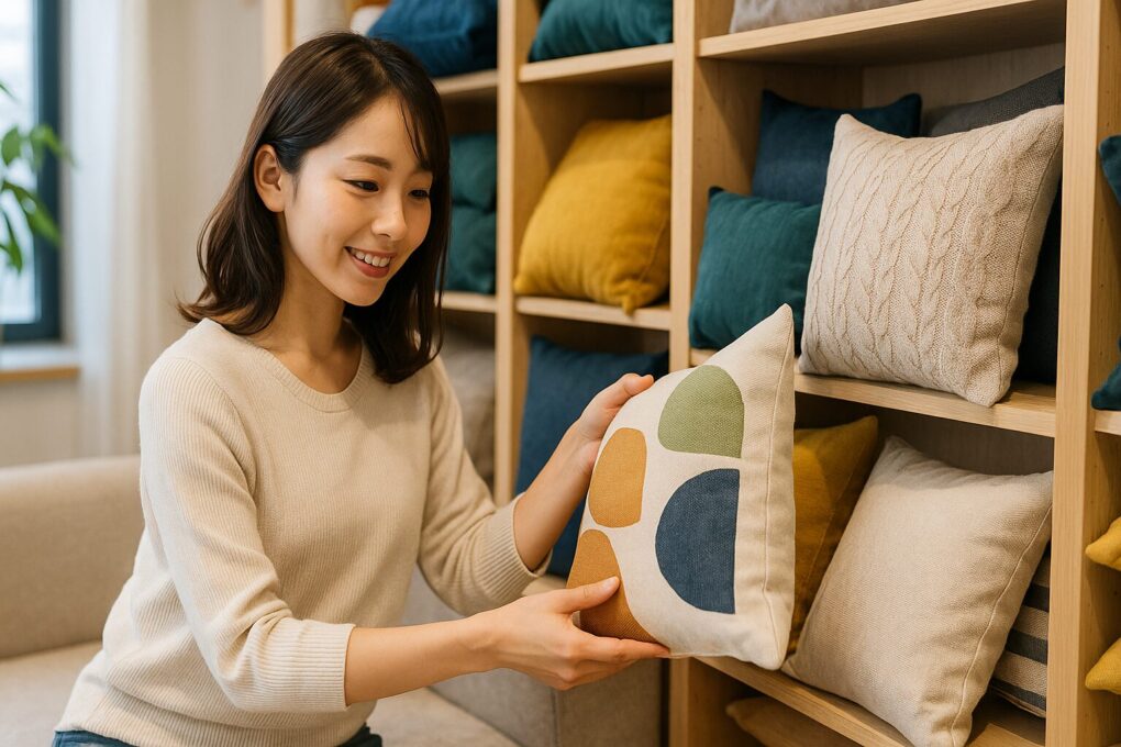ナチュラルな照明が差し込む明るい部屋で、日本人女性がクッションカバーを選んでいる。木製の棚に、リネンやベルベット、コットンなどさまざまな素材と色のクッションが並び、女性は幾何学模様のカバーを手に微笑んでいる。清潔感と温かみのある雰囲気。