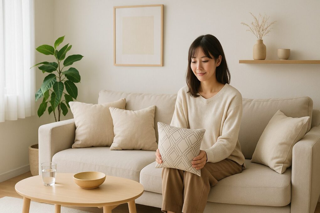 自然光が柔らかく差し込む日本のリビングルーム。ベージュとホワイトを基調としたシンプルな空間に、日本人女性が落ち着いた表情でソファに座り、クッションを手にしている。木製の家具と観葉植物が配置され、引き算の美学を感じさせる洗練された雰囲気。