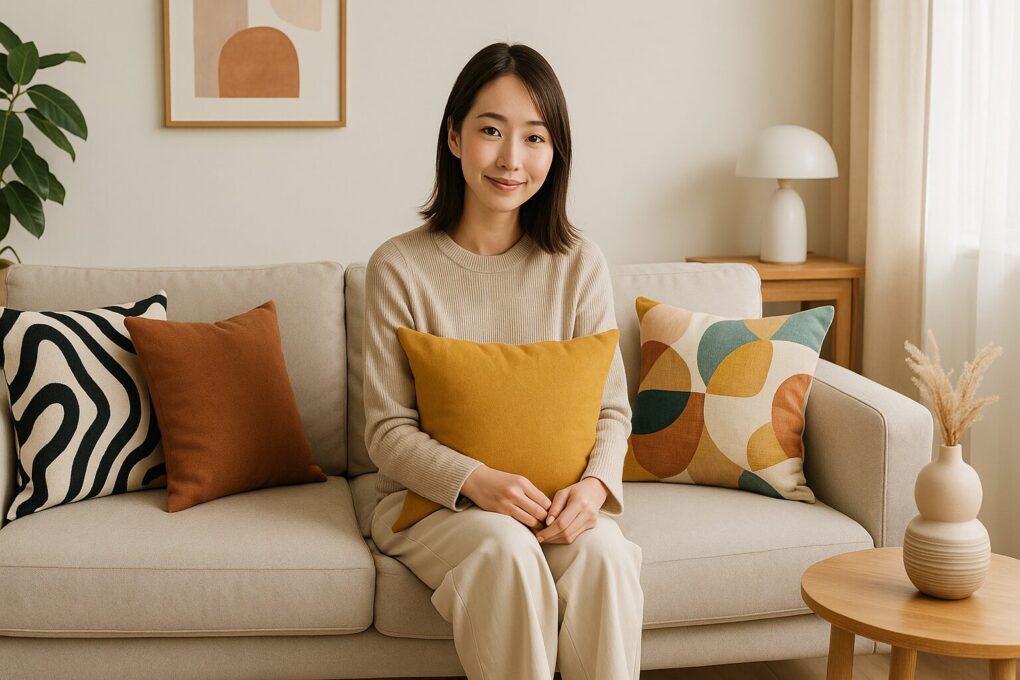 自然光が差し込むモダンな日本のリビングルーム。日本人女性がソファに座り、マスタード、グリーン、テラコッタなどトレンドカラーのクッションを抱えて微笑んでいる。木製家具と観葉植物が調和し、最新のインテリアトレンドを感じさせる明るく清潔感のある空間。