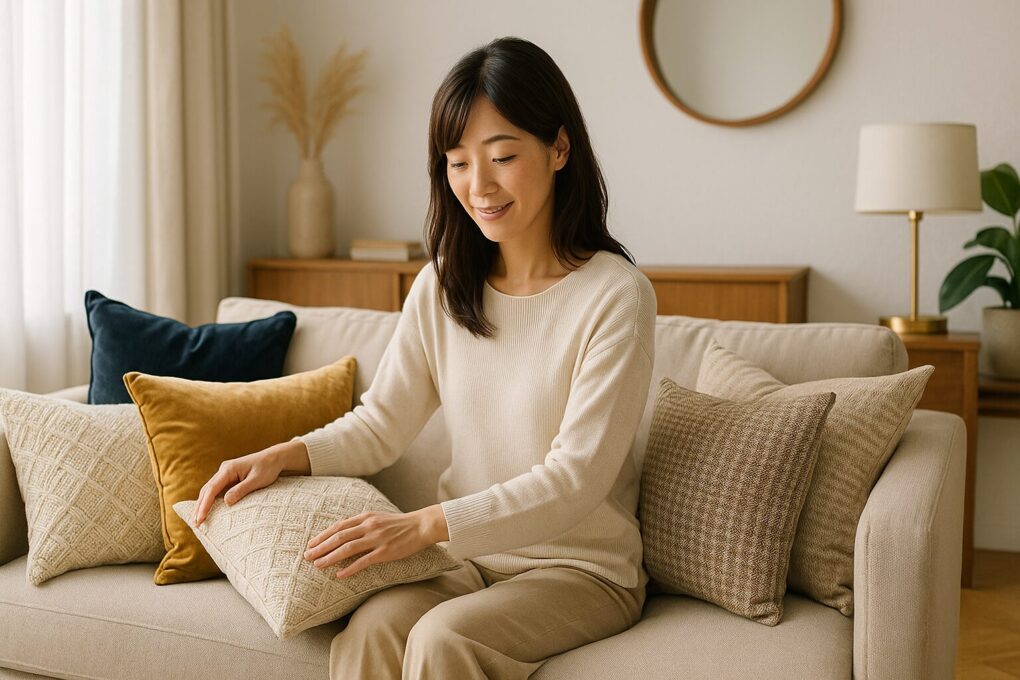 柔らかな自然光が差し込む上質な日本のリビングルーム。ベージュのソファに座る日本人女性が、リネンやベルベットなど異なる素材のクッションを丁寧に整えている。木製家具と観葉植物が調和し、清潔感と温かみを感じる洗練された空間。