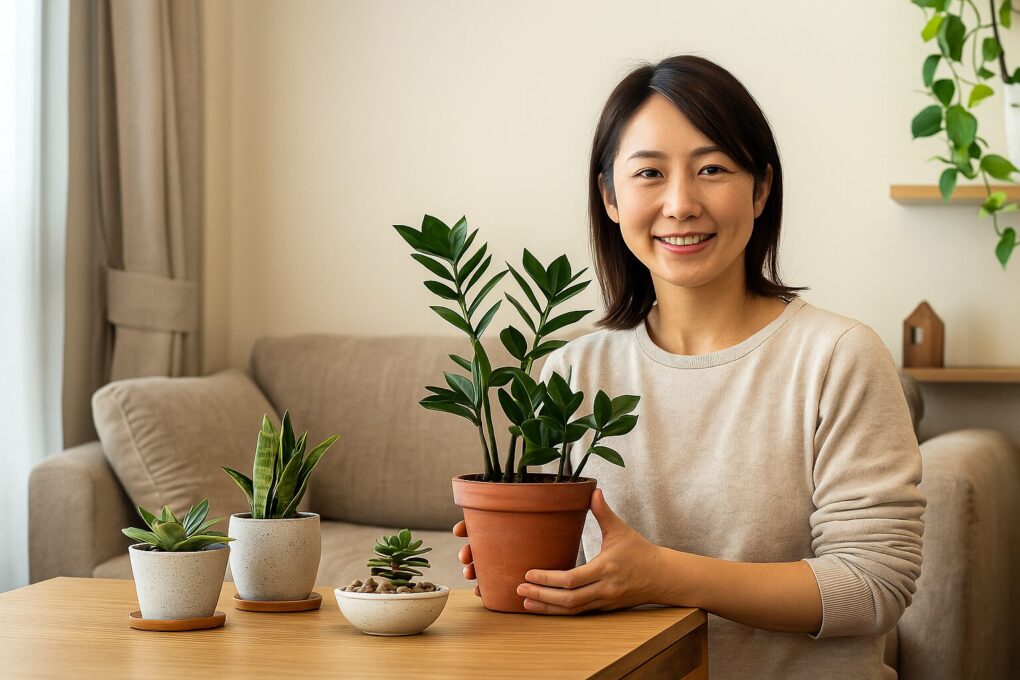 明るいリビングで日本人女性がZZプランツを持ち、テーブル上にはサンスベリアや多肉植物が並ぶ。ナチュラルな木製家具と観葉植物が調和した、清潔感と温かみのある空間。