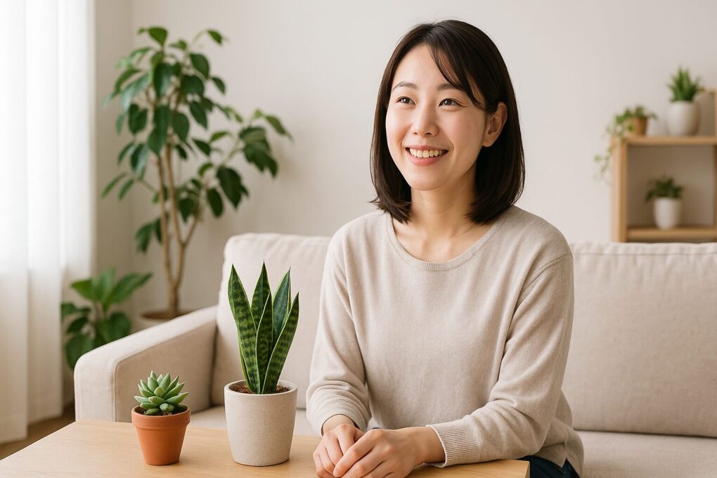 自然光が差し込む日本のリビングルームで、日本人女性がソファに座り笑顔を見せている。テーブルにはサンスベリアと多肉植物が並び、背景には観葉植物と木製棚があり、ナチュラルで清潔感のある雰囲気が漂う。