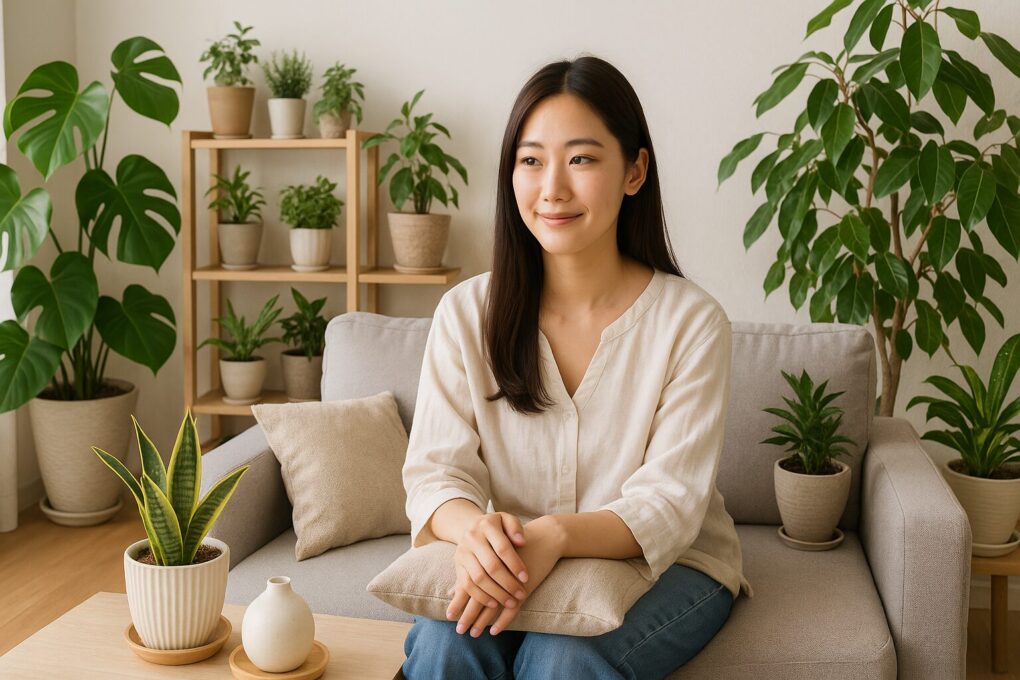 明るい日本のリビングルームで、日本人女性がソファに座りリラックスしている。周囲にはモンステラやサンスベリアなどの観葉植物が自然に配置され、木製家具と淡い色調のインテリアが調和したナチュラルで清潔感のある空間。