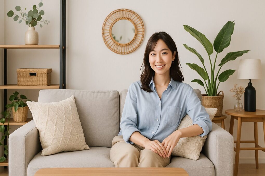ナチュラルな木製家具と観葉植物が調和した明るい日本のリビングルーム。日本人女性がソファに座り、柔らかな笑顔でくつろいでいる。ベージュとホワイトを基調とした清潔感のある空間。