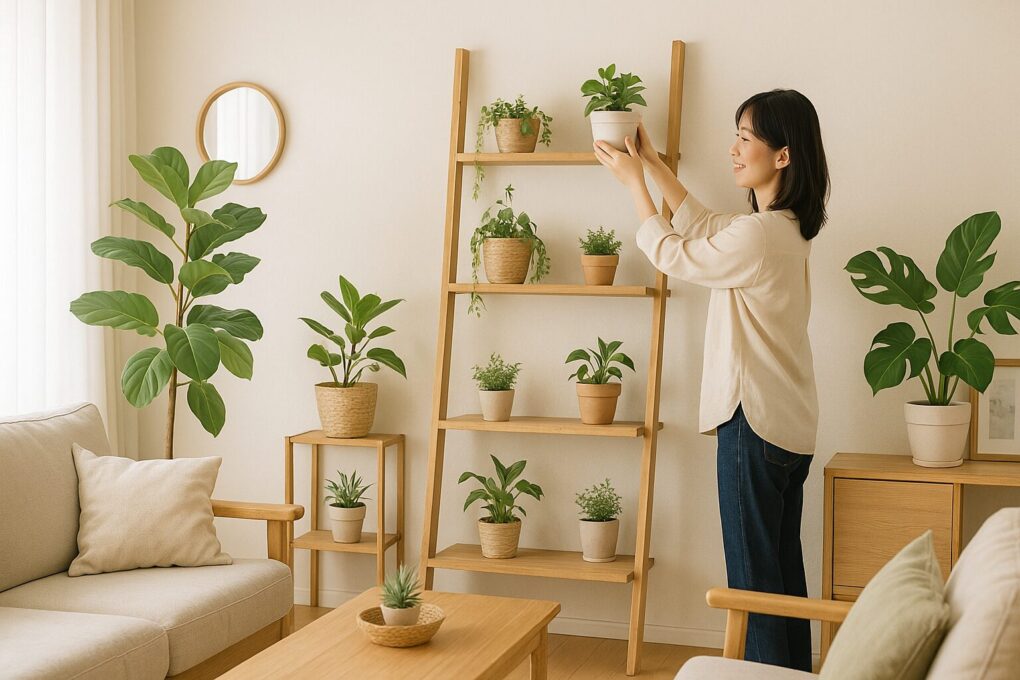 明るい日本のリビングルームで、日本人女性が木製の棚に観葉植物を飾っている。フィカスやモンステラなどが高さを変えて配置され、自然光とナチュラルな家具が調和した清潔感のある空間。