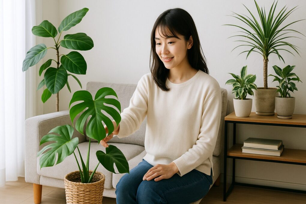 自然光が差し込む日本のリビングルームで、日本人女性がモンステラの葉を優しく手入れしている。木製家具と観葉植物が調和した、清潔感と温かみのあるナチュラルな空間。
