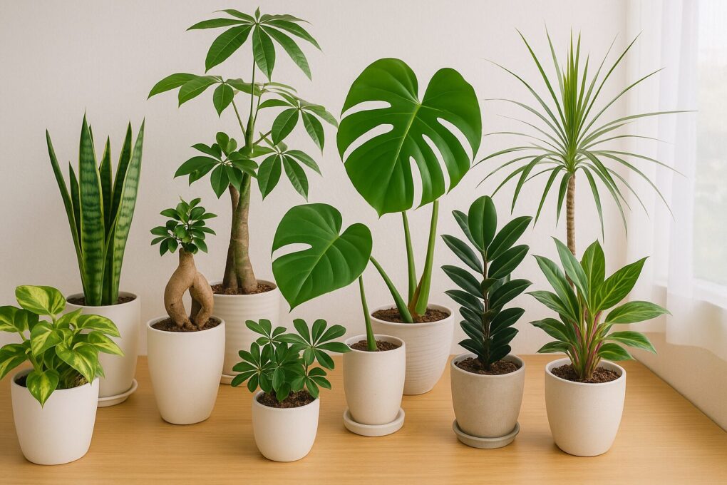 明るい日本のリビングで、モンステラやポトス、サンスベリア、パキラなど9種類の観葉植物が白い鉢に植えられ並んでいる。ナチュラルな木製テーブルと柔らかな自然光が調和し、清潔感のあるおしゃれな雰囲気を演出している。