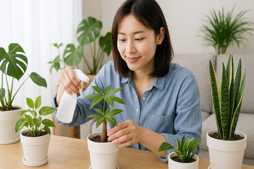 自然光が差し込む明るい日本のリビングで、日本人女性が観葉植物の葉に霧吹きで水を与えている。テーブルの上にはモンステラやポトス、サンスベリアなどが並び、清潔感と落ち着きのある空間が広がっている。