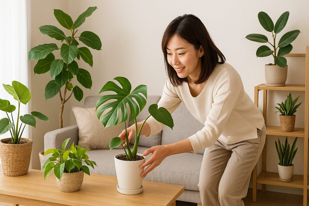 明るい日本のリビングで、日本人女性がテーブルの上にあるモンステラの鉢を丁寧に配置している。背景にはフィカスやサンスベリアなどの観葉植物が並び、木製家具と自然光が調和した清潔感のある空間。