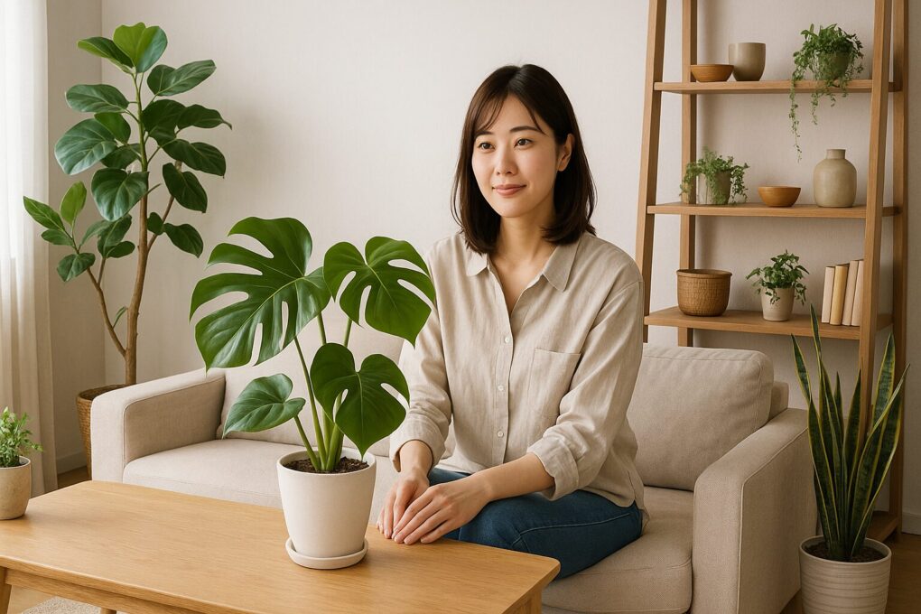 自然光が差し込む日本のモダンなリビングで、日本人女性がソファに座り、前のテーブルに置かれたモンステラを眺めている。背後にはフィカスやサンスベリア、木製シェルフなどが調和し、観葉植物とインテリアが融合した明るく清潔感のある空間。
