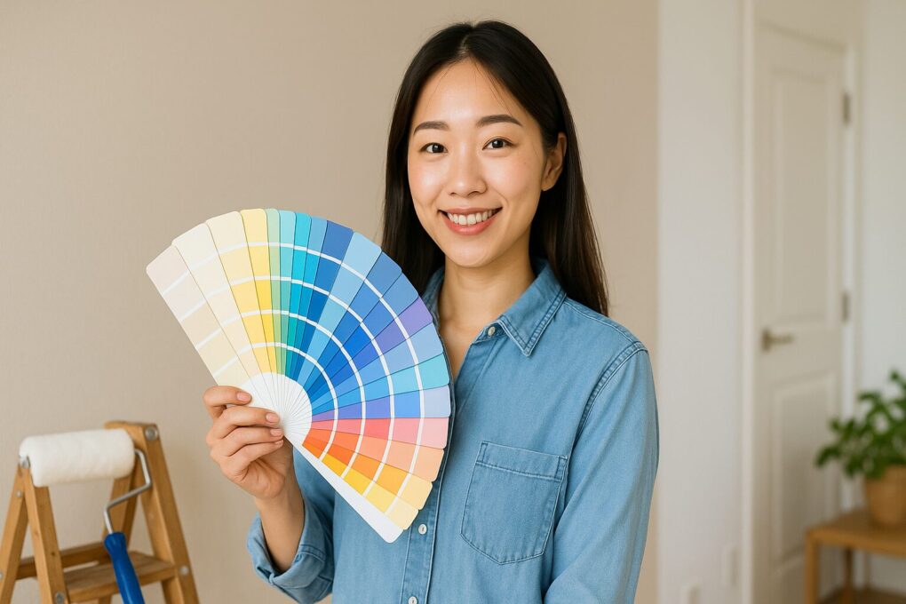 明るいリビングで、壁紙の色見本を手にした日本人女性が微笑んでいる。背景にはベージュの壁、脚立、塗装用ローラー、観葉植物があり、自然光が柔らかく差し込む清潔感のある空間。