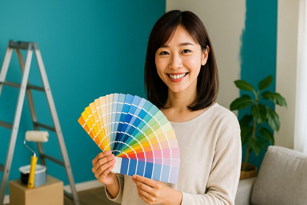 日本人女性が明るいリビングで壁の色を塗り替えている最中。後ろの壁はペールブルーに塗られ、脚立や塗装用具、観葉植物が自然に配置された清潔感のある空間。