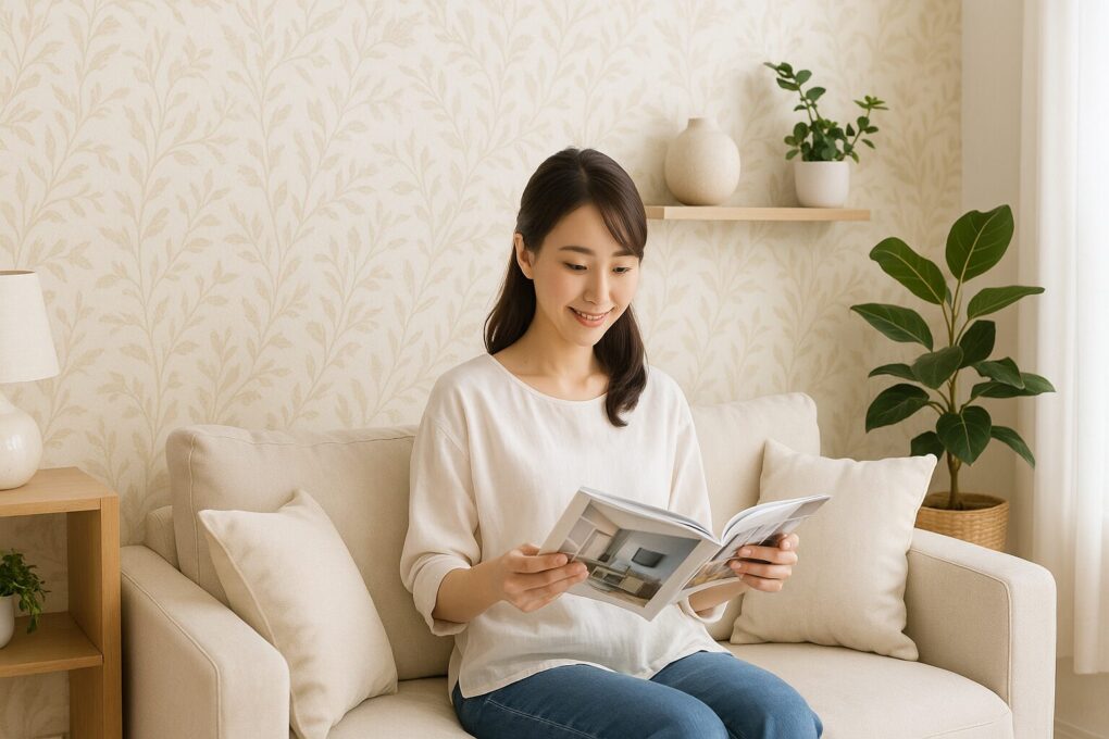 明るいリビングで、日本人女性がソファに座りながらインテリア雑誌を見ている。ナチュラルな木製家具や観葉植物が配置され、淡い柄の壁紙が心地よい雰囲気を演出している清潔感のある空間。