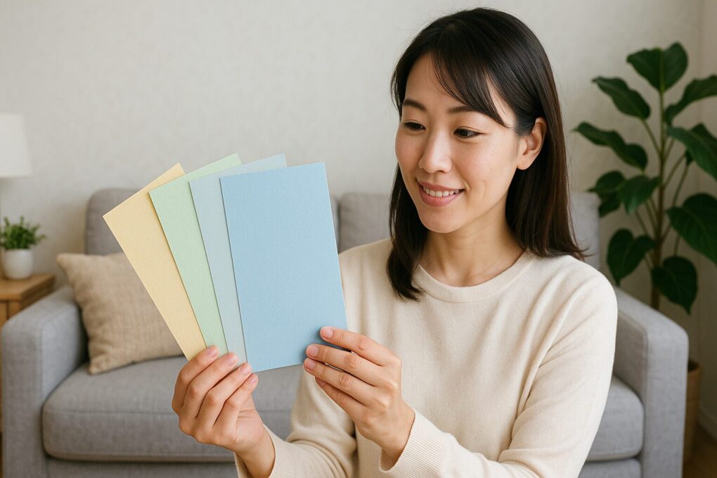 日本人女性が明るいリビングで4色の壁紙サンプルを手に取り、部屋に合う色を検討している。背景には観葉植物と木製家具があり、自然光が差し込む清潔感のある空間。