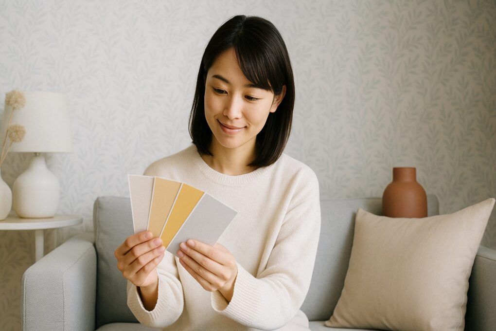 日本人女性が明るいリビングで壁紙の色見本を見比べている。淡い柄の壁紙とベージュのクッション、花瓶、照明などの小物が調和し、おしゃれで清潔感のある落ち着いた空間を演出している。