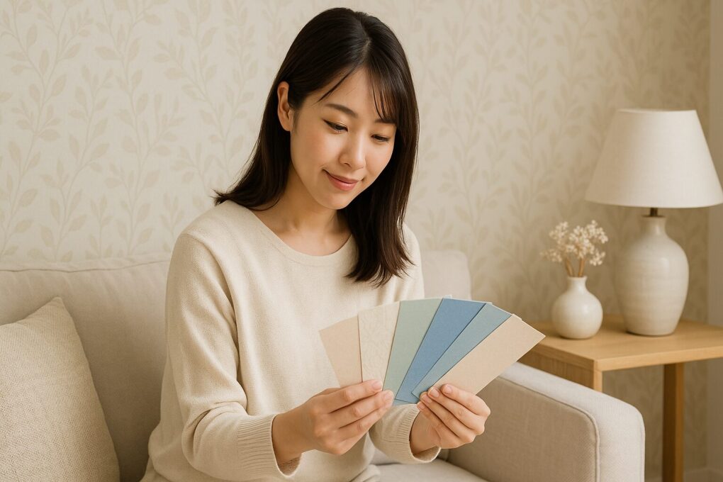 日本人女性が明るいリビングで壁紙サンプルを見比べながらコーディネートを考えている。淡い柄の壁紙やベージュのソファ、花瓶や照明などの小物が調和し、ナチュラルで清潔感のあるおしゃれな空間。