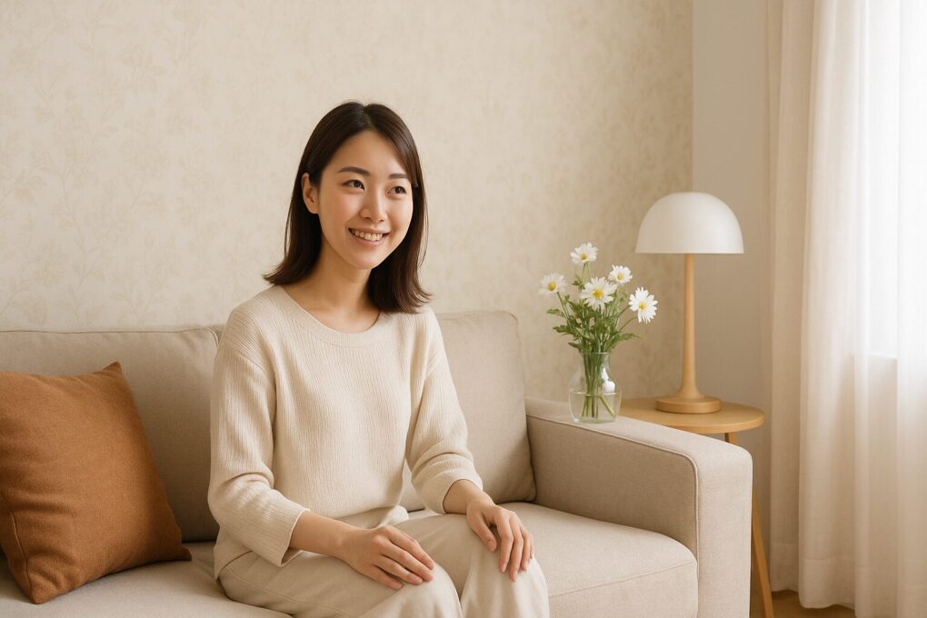 日本人女性が明るいリビングでソファに座り、柔らかな笑顔で過ごしている。木製家具や白いランプ、花瓶のマーガレットが調和し、壁紙とインテリアが統一されたおしゃれで清潔感のある空間。