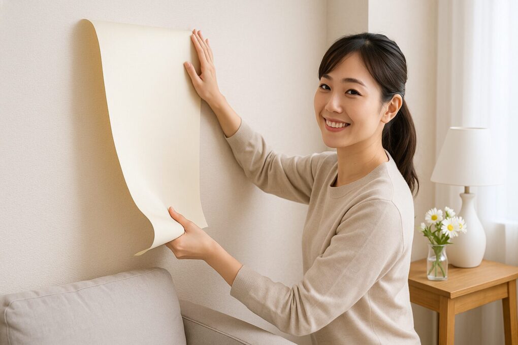 日本人女性が明るいリビングで壁紙を貼り替えている。淡いベージュの壁紙を慎重に貼りながら微笑んでおり、背景にはソファや花の入った花瓶、木製のサイドテーブルがある清潔感のある空間。