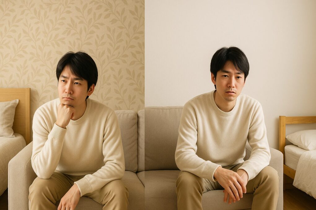 日本人男性がソファに座り、理想の部屋と現実の部屋を対比するような構図。左側は明るく整ったおしゃれな部屋、右側はシンプルでやや殺風景な部屋。部屋づくりの理想と現実を象徴する清潔感のあるシーン。