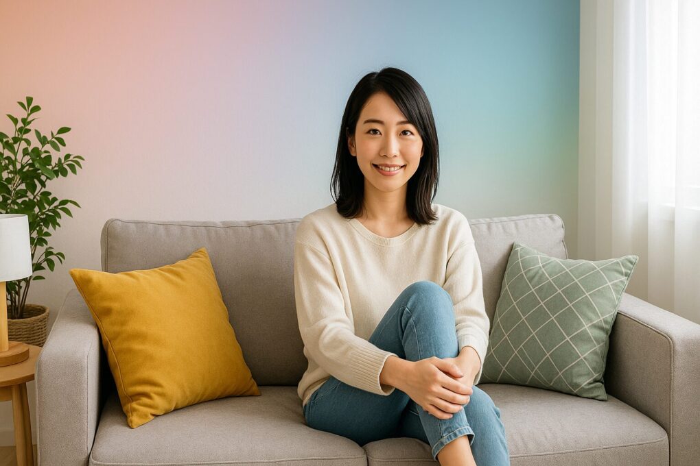 明るい自然光が差し込むリビングで、日本人女性がグラデーションカラーの壁を背にソファに座り、穏やかに微笑んでいる。ナチュラルな木製家具と観葉植物が調和し、清潔感と温かみのある心地よい空間を演出している。