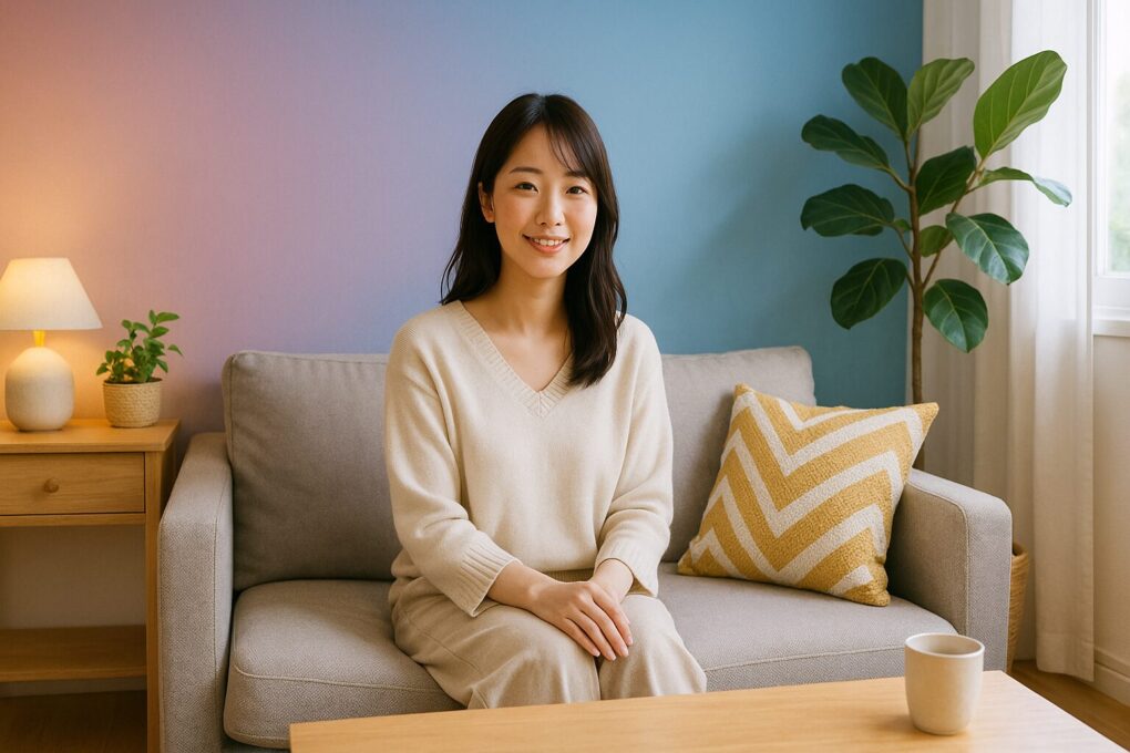 柔らかなグラデーションカラーの壁と自然光が調和するリビングで、日本人女性がソファに座り微笑んでいる。木製家具や観葉植物、淡いトーンのインテリアが並び、清潔感と温かみのあるおしゃれな部屋の雰囲気が広がっている。
