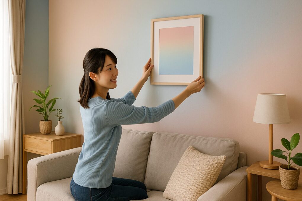 日本人女性が、柔らかなピンクからブルーへのグラデーションが施された壁にアートを飾っている。自然光が差し込む明るい部屋で、木製家具と観葉植物が並ぶナチュラルで清潔感のある空間が広がっている。